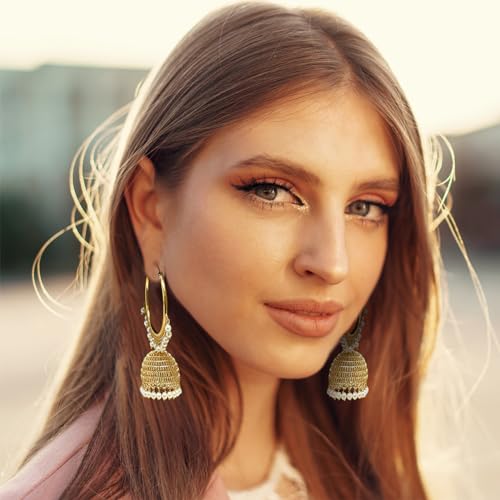 Duel On Jewel Indian Jewelry Bundle for Women, Gold-Plated Teardrop Bell Anklet Payal Set with Infinity Hoop Jhumka Earrings, Pearl CZ Filigree Ethnic Boho Wedding Party Gift Set
