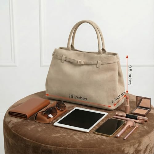 Base’ic Women’s Suede Tote Bag with Gold Hardware – Trendy Slouchy Shoulder Hobo Satchel Handbag Work Purse Travel Gift - color: Beige (Gold Hardware)