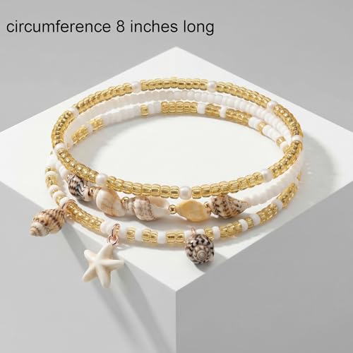 Boho Beads Beach Layered Anklet Set for Women, Handmade Gold Starfish Pearl Shell Anklets Summer Ocean Accessories Jewelry Gift - color: Conch