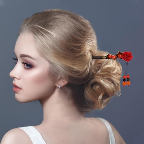 3 Pieces Retro Wooden Hair Sticks with Tassels and Flowers - Vintage Handmade Rose Hair Accessories for Women and Girls