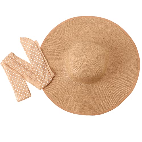 DRESHOW Beach Hats for Women Big Straw Wide Brim Summer Hat Floppy Foldable Roll up Cap Sun Hat UPF 50+ - color: 1 Pc：khaki+white Dot Hat, 4.7" Brim
