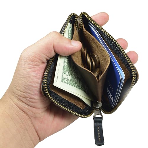 Hide & Drink, Full Grain Leather Zippered Card Wallet for Men and Women, Coin Pouch, Money Holder, Pocket Organizer, Handmade, Bourbon Brown - color: Bourbon Brown