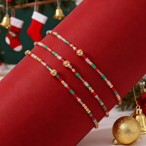 Colorful Beaded Bracelet Stack for Women,3PCS Handmade Bohemian Gold Plated Ball Stretch Stackable Bracelets Set Fashion Jewelry Gift Friendship - color: Christmas