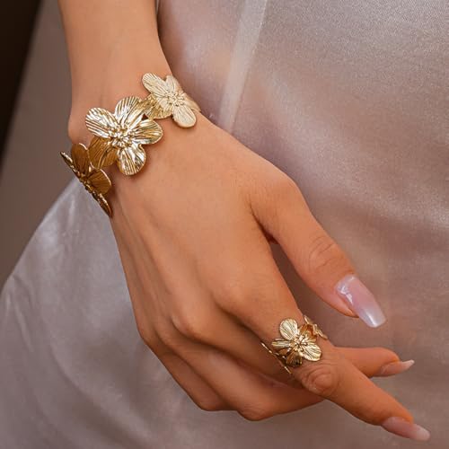 Boho Open Bracelet Ring Set for Women Black and Gold Jewelry Set Oval Cuff Bracelet Adjustable Ring Vintage Jewelry - style: V-Gold