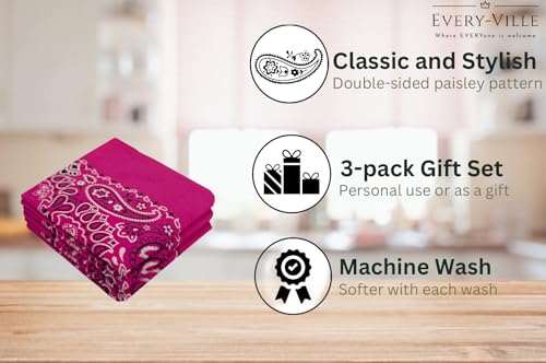 Classic Paisley Bandanas - 3 Pack Gift Set, 100% Cotton, 22x22 Inches - color: Pink