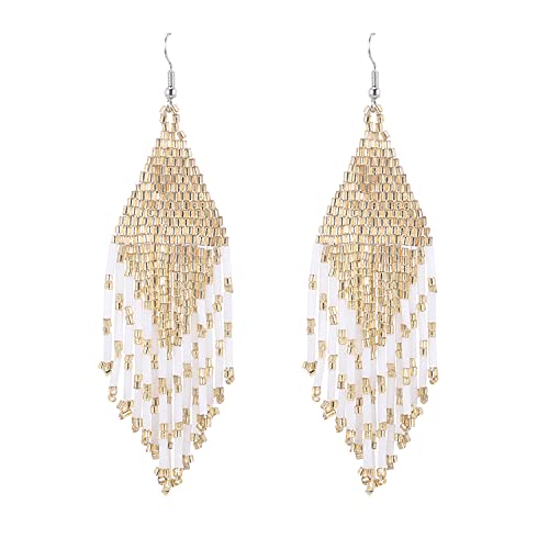 Long Beaded Tassel Earrings - Bohemia Colorful Bead Handmade Beaded Tassel Earrings，Gifts and Christmas - color: Classic white