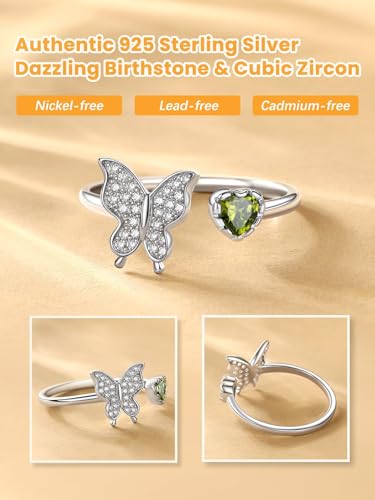 Bestyle 925 Sterling Silver Butterfly Ring Hypoallergnic Adjustable Birthstone Rings for Women Butterfly Jewelry Gifts for Anniversary Mothers' Day Birthday - color: 08.August (Peridot)