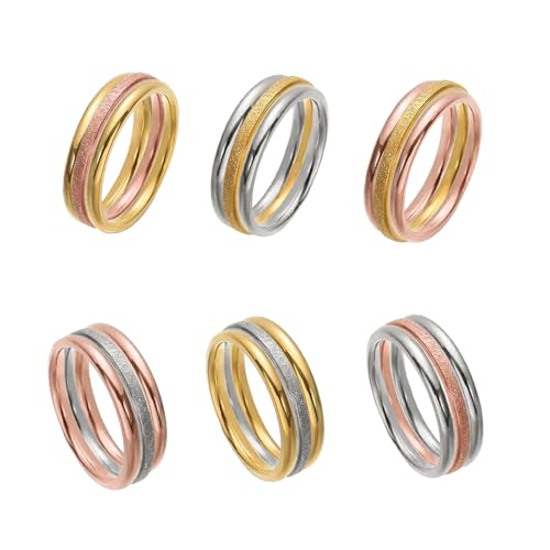 9 Pack Stackable Rings for Women - Dainty Titanium Steel Womens Ring, Silver, Gold, Rose Gold, Triple Band Design, Textured and Smooth Finish,Minimalist Thin Rings for Daily/Wedding/Party