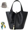 Genuine Leather Bucket Bag for Women: Lock Design Shoulder Handbag Versatile Top-Handle Tote Fashionable Vegetable Basket - color: Black