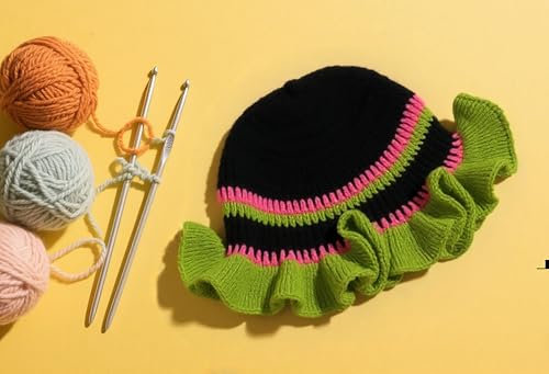 Handmade Crochet Bucket Hat for Women Boho Chic Slouchy Design Colorblock Ruffled Brim Festival&Daily Crochet Hat - color: Black Crown Green