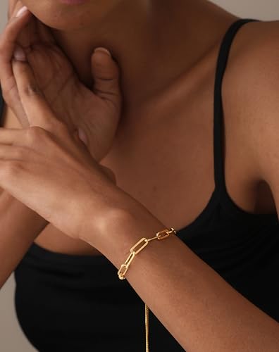 LeCalla Pure 925 Sterling Silver Italian Paperclip Link Chain Bracelets | Gold Over Silver Paper-Clip Link Station Bracelet | Sliding Bolo Bracelet for Women - color: Yellow-Gold PaperClip Bolo