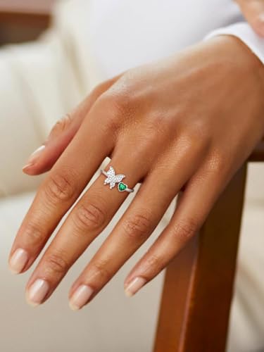 Bestyle 925 Sterling Silver Butterfly Ring Hypoallergnic Adjustable Birthstone Rings for Women Butterfly Jewelry Gifts for Anniversary Mothers' Day Birthday - color: 05.May(Emerald)