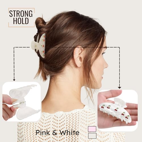 2PCS Cherry Hair Clips for Women Girls – Kawaii Fruit Medium Unique Claw clips, Trendy Handmade Look Acetate Hair Accessories for Thin Hair - color: Cherry Pink and White