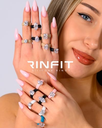 Rinfit Silicone Ring with Stone - Oval Cut Cubic Zirconia Solitaire Engagement Ring for Women - Rubber Wedding Bands - Patented Design - color: Pack N: Black / Rose Gold / Black Stone