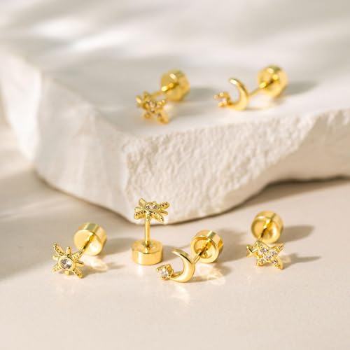 VRIUA 20G Tiny Flat Back Earrings for Women - 14K Gold/Silver Plated Small Flat Back Stud Earrings Hypoallergenic Cartilage Helix Piercing Jewelry - color: 4/5/6mm-Star Moon Flat Gold