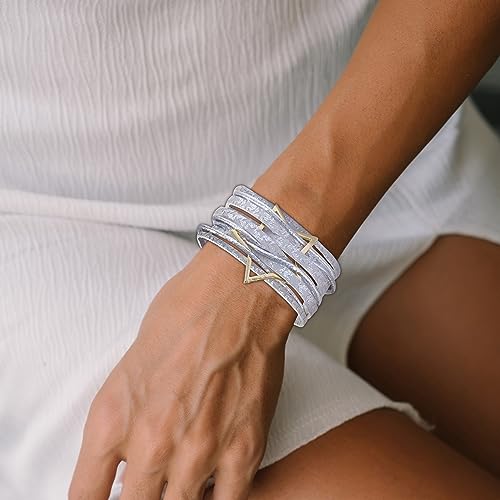 Long tiantian Leather Bracelets for Women Men Heart Wrap Bracelets Western Jewelry Cowgirl Outfits Birthday Gifts for Her - color: B9:silver leather bracelet