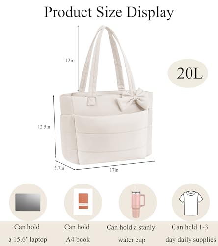 CTWWFS Puffer Tote Bag for Women, Quilted Bow Tote Bag with Cup Holder & 15.6 In Laptop Compartment for Work, Travel, Gym - color: Beige