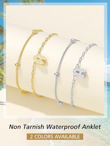 FindChic Silver/14K Gold Plated Layered CZ Initial Ankle Bracelet for Women | Waterproof Stainless Steel, Cubic Zirconia Letter Charm, Non-Tarnish, Hypoallergenic, Adjustable Extender, Summer Jewelry - color: Silver, size: C