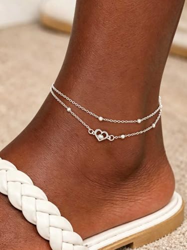 Yalice 925 Silver Ankle Bracelets Chain for Women Dainty 14K Gold Plated Waterproof Beads Anklets Layered Beach Foot Jewelry Gift - color: Silver-HeartA