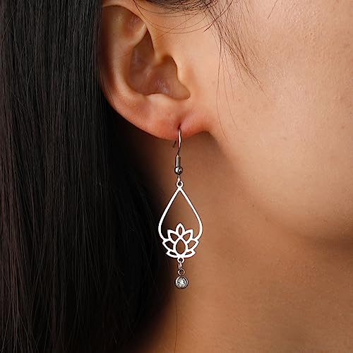 TEAMER Stainless Steel Lotus Flower Dangle Earrings Bohemian Drop Earring Unique Geometric Jewelry for Women - color: Lotus 6-Steel Color