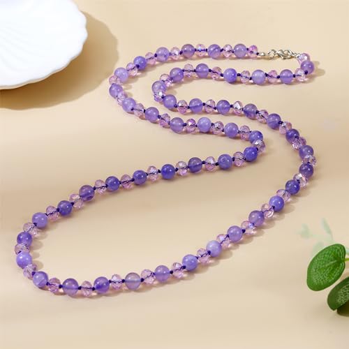 Long Beaded Necklace for Women Boho Colorful Crystal Stone Knot Statement Fashion Costume Jewelry Gifts - color: Lavender