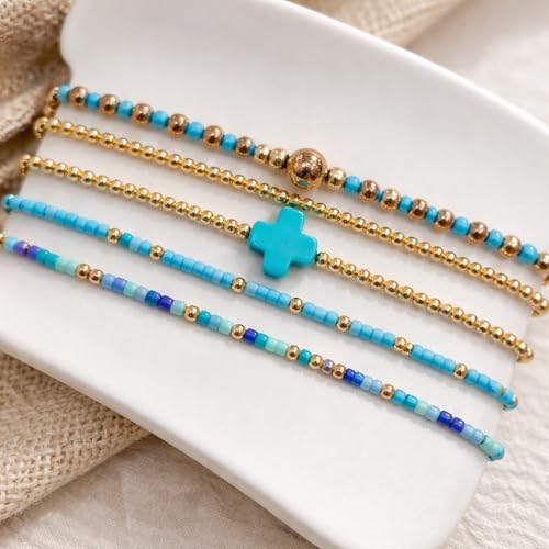 Gold Beaded Cross Bracelet for Women, 14K Plated Adjustable Stackable Dainty Bracelets, Non Tarnish Fashion Jewelry Set Gifts for Women Birthday Friendship - color: Colors-6