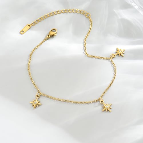 Anklet for Women, 18K Gold Plated Dainty Sea Turtle Heart Butterfly Moon Star Dolphin Snake North Star Charm Dangle Anklet, Cubic Zirconia Adjustable Summer Beach Foot Jewelry, Christmas Gifts - style: Zircon North Star-Gold