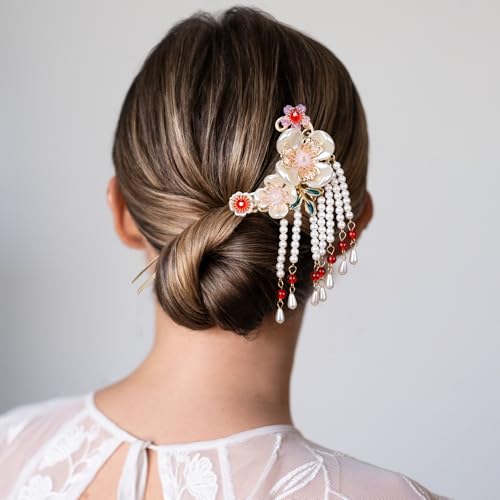 HINZIC Camellia Flower Tassels Hairpin Set for Women, Non-Slip Rhinestone Pearl Clover Hair Clips Headpiece, Retro Chinese Hanfu Wedding Brides Hair Accessories for Long Hair - color: White
