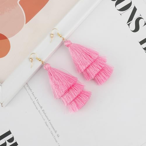 Earrings for Women Dangling, Layered Tassel Earrings Fringe Earrings Bohemian Studs Drop Earrings - color: Pink