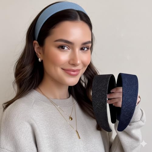 Huachi Headbands for Women Non Slip Trendy Denim Headbands for Women’s Hair 1 inch Wide Cute Headband for Girls, Vintage Head Bands Elastic Hair Bands Fashion Accessories for Women 4PCS - color: Denim Headband Set