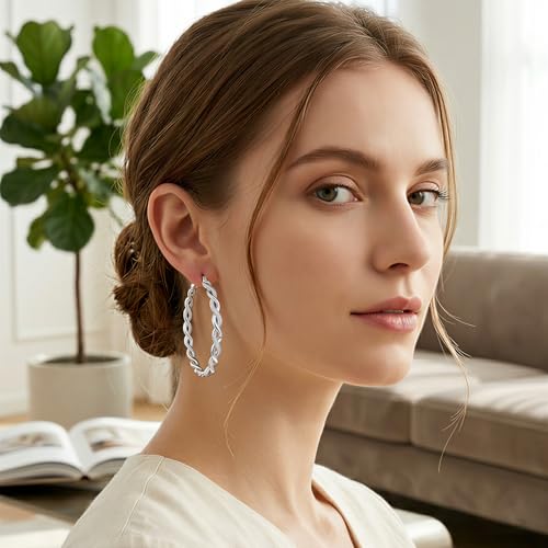Senteria 925 Sterling Silver Post Hoops Earrings for Women Lightweight Twisted Hoop Earrings With Cubic Zirconia Hypoallergenic Silver Hoops Earrings (20/30/40/50/60MM) - color: silver-60mm
