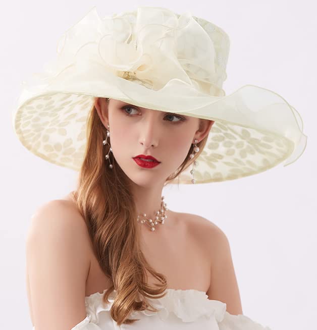 ORIDOOR Women’s Organza Church Tea Party Wedding Fascinator Derby Hat Wide Brim Sun Hats - color: A-beige