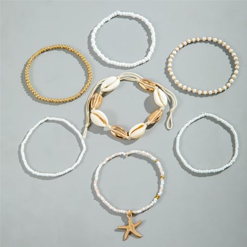 Mermaid Starfish Anklet Bracelets for Women Bohemian Beaded Anklet Adjustable Rice Bead Anklets Bracelet Handmade Woven Hawaiian Beach Seashell Pearls Waterproof Anklets Summer Beach Mermaid Jewelry - color: Gold