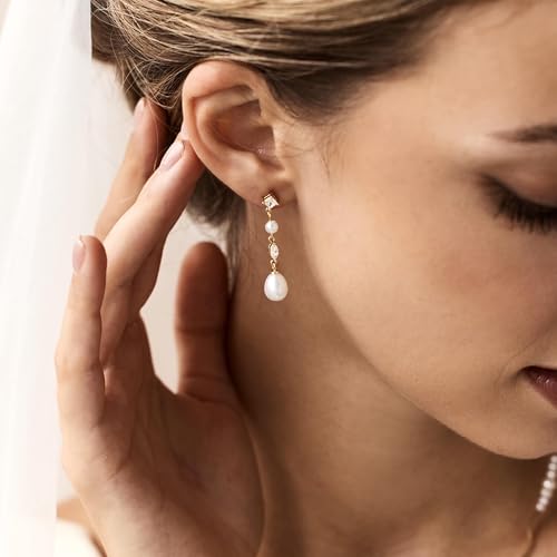 Pearl Earrings for Women, 14k Gold Plated Trendy Diamond Pearl Drop Earrings Hypoallergenic Dainty Bridal Gifts Wedding jewelry for Women - color: G - Gold
