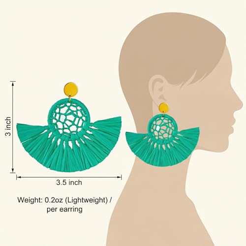 Boho Raffia Summer Beach Earrings for Women, Large Statement Dangle Drop, Lightweight Handmade Woven Fan Tassel Jewelry - color: Green
