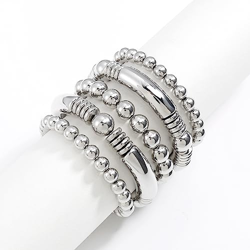 14K Gold Plated Bangles Bracelet for Women Chunky Curved Stacking Plated Bead Ball Stretchable Bracelets - color: Style-6
