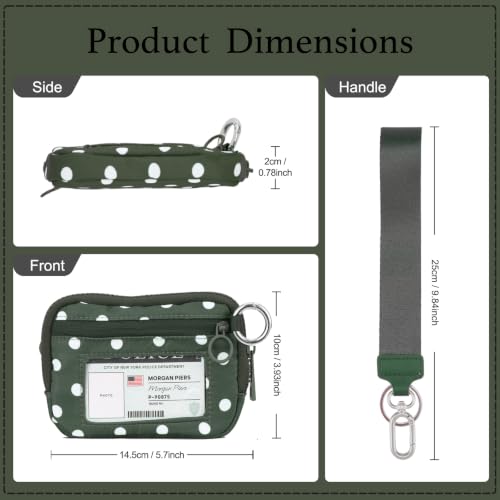 Wristlet Wallet for Women Mini Zip Card Case with Clear ID Window Zipper Coin Purse Lightweight Portable Keychain Wallet - color: Green Polka Dots