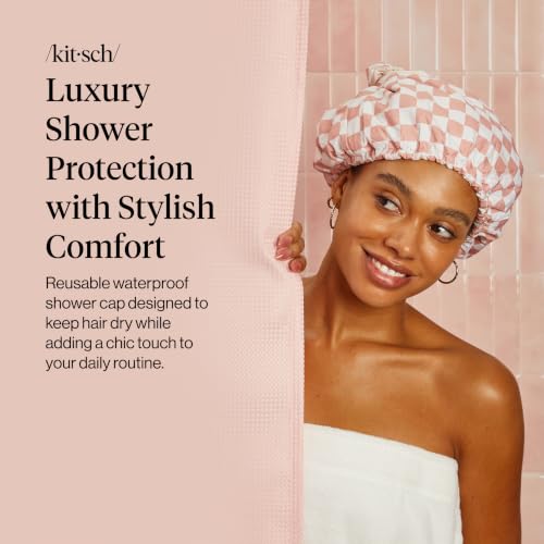 Kitsch Luxury Satin-Lined Flexi Shower Caps for Women Reusable Waterproof - Large Wide Shower Cap for Women & Men, Adjustable, Stylish Hair Cap for Showers, For Long & Short Hair - Terracotta Checker - color: Terracotta Checker