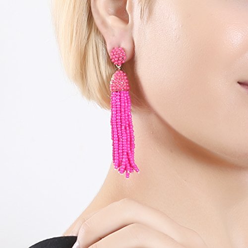 NLCAC Women's Beaded tassel earrings Long Fringe Drop Earrings Dangle 6 Colors - color: hot pink