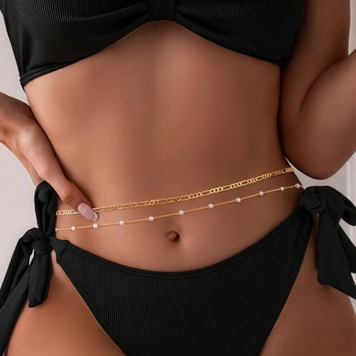 14K Gold Plated Waist Chain for Women, 2Pcs Adjustable Pearl Beads Body Chain, Sexy Layered Summer Beach Bikini Belly Jewelry Accessories - style: Figaro&Pearl