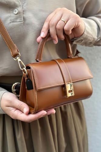 MOON CANTA Mini Crossbody Bag for Women – Small Faux Leather Shoulder Purse with Gold Lock, Elegant Design for Daily Use - color: Camel