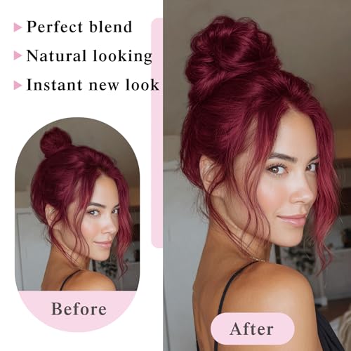 Messy Bun Hair Piece 100% Human Hair Chignons Scrunchies Elastic Rubber Band Hair Buns Scrunchie Donut Updo Real Hair Fake Messy Bun Extensions Wigs Buns Hairpieces for Women Burgundy - color: BUG