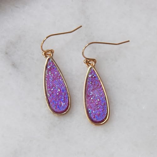 Teardrop Dangle Earrings for Women with Simulated Druzy Stones, in Gold or Rose Gold Tone - color: Gold - Purple Stone