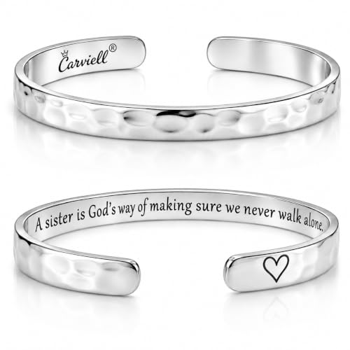 Carviell Bracelet - Gifts for Women – Inspirational, Friendship, Love, Mom, Daughter, Sister, Christian, Graduation, Memorial & Wedding Gifts – 100+ Phrases – Stainless Steel, Gift-Ready - style: SISTER'S Gift - A sister is God’s way of making sure we nev