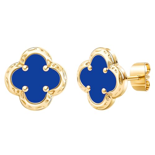 Elegant Black Onyx Clover Stud Earrings, 14K Gold Plated Four Leaf Hypoallergeinc Stud Stainless Steel Flower Earring Lucky Simple Jewelry Gift for Women Shiny Multiple Onyx Colors - color: Sapphire Blue Clover Stud Earrings