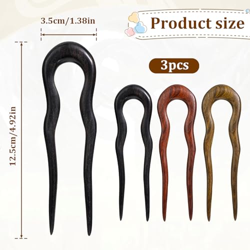 3 Pack Wooden Hair Sticks for Women, U Shaped Hair Fork, French U Shaped Hairpin with Two Prongs Hair Clips, U Shape Hair Forks for Long Hair, Frosted French Hair Pin, Vintage Matte Hair Pins - color: 3 Pcs
