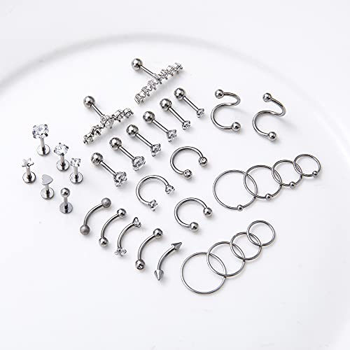 REVOLIA 32Pcs Stainless Steel Cartilage Stud Earrings for Women Conch Helix Tragus Daith Conch Hoop Earing Piercing Jewelry Set - color: Silver-tone