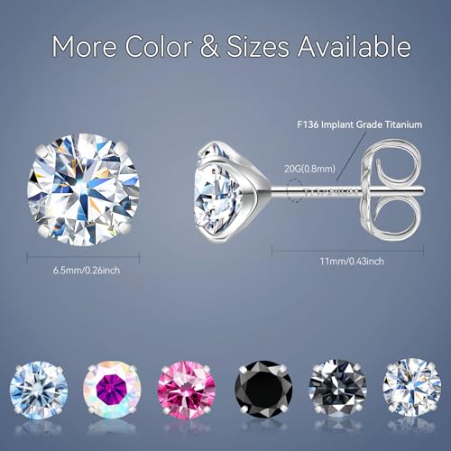 Moissanite Stud Earrings, G23 Hypoallergenic Titanium Stud Earrings for Women Men, Round Cut D Color VVS1 Clarity 18K White Gold Palted Multicolor Moissanite Jewelry, 0.6CT-3.0CT - color: White, size: (1.5ct*2)-7.5mm-3.0 Carat