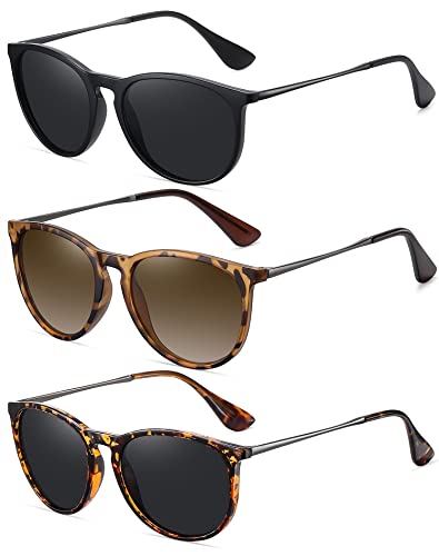 WOWSUN Retro Polarized Sunglasses Womens Trendy Round Classic Glasses - color: 3 Pack: Black+brown Lens Leopard Frame+black Lens Leopard Frame