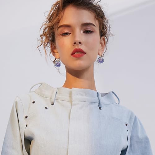 Bohemian Vintage Sliver Geometry Enamel Flower Lightweight Dangle Hoop Earrings Ethnic Handmade Circle Disc Teardrop Earrings For Women - color: Blue